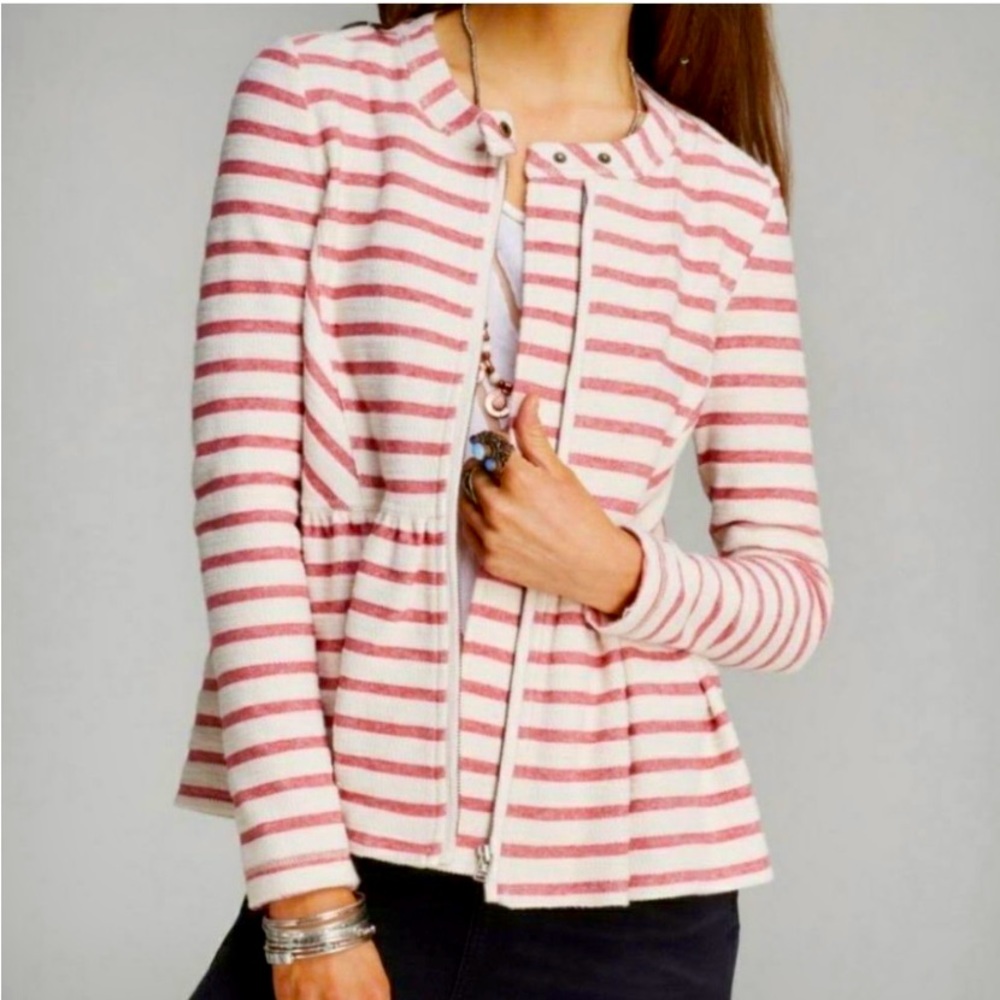 Free People Striped Jacket with Peplum Hem and Zipper Closure